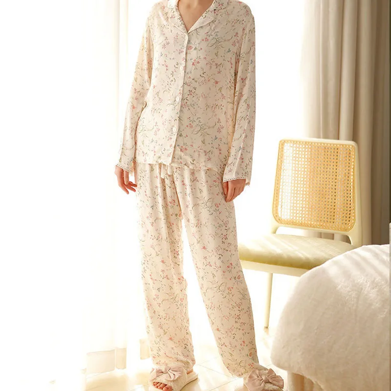 De herfst Katoenen Klein Blad Bloemen Bedrukte Vrouwen Nachtkleding Lange Mouw Broek Pyjama Vrouwen Pijama Broekpakken voor Homewear0