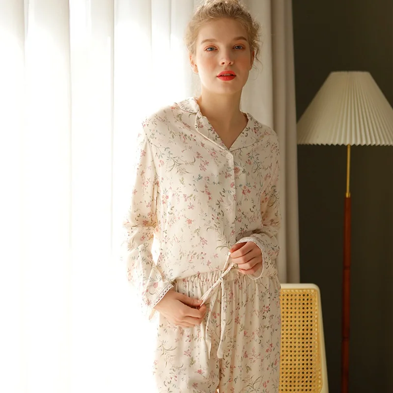 De herfst Katoenen Klein Blad Bloemen Bedrukte Vrouwen Nachtkleding Lange Mouw Broek Pyjama Vrouwen Pijama Broekpakken voor Homewear2