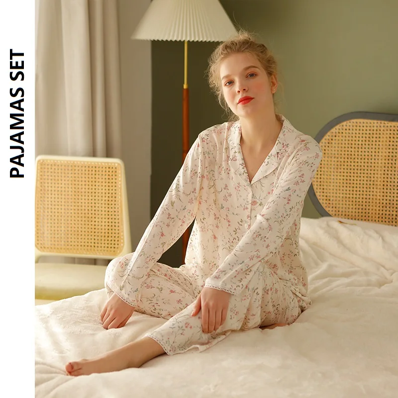 De herfst Katoenen Klein Blad Bloemen Bedrukte Vrouwen Nachtkleding Lange Mouw Broek Pyjama Vrouwen Pijama Broekpakken voor Homewear4