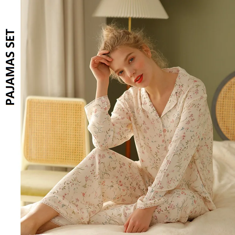 De herfst Katoenen Klein Blad Bloemen Bedrukte Vrouwen Nachtkleding Lange Mouw Broek Pyjama Vrouwen Pijama Broekpakken voor Homewear5
