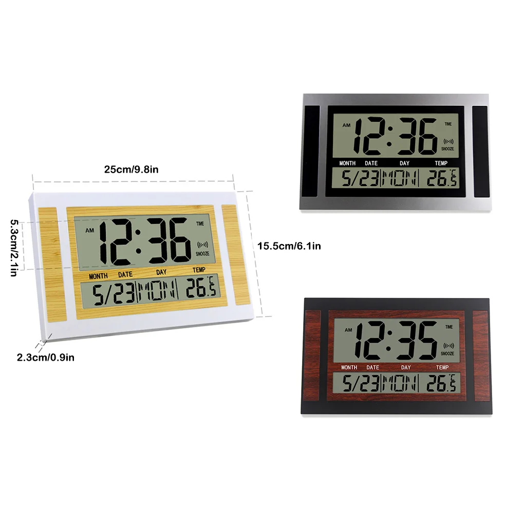 Digitale wandklok Grote LCD-Temperatuur voor het Agenda-Alarm houtnerf Tabel Klokken Moderne Stijl Bell Thermometer Office5