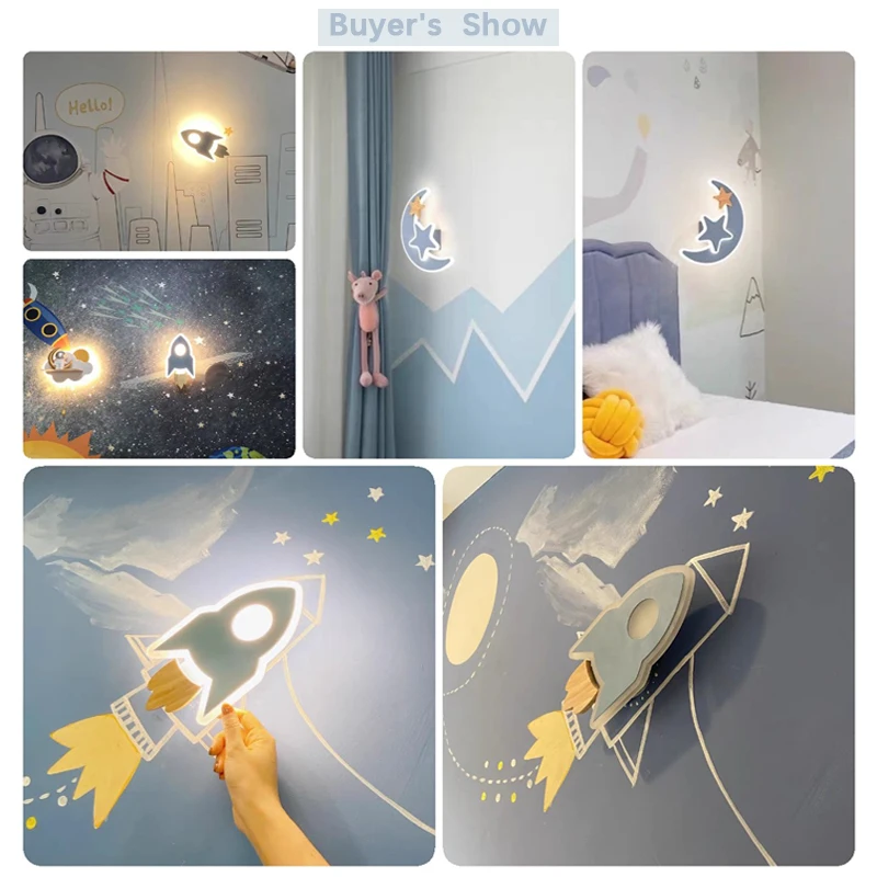 LED wandlamp Moderne Cartoon Kinderen Kid ' s Slaapkamer Verlichting Creatieve Schansen Leuke Moom Sterren Raket Bed Binnen Decor Licht4