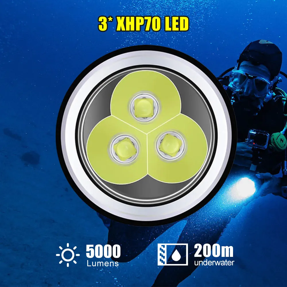 5000 LM Super heldere 3x XHP70 Duiken Zaklamp IP68 hoogste waterproof rating Professioneel duiken licht Aangedreven door 18650 beslag5