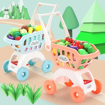 18Pcs winkelwagen Winkelwagen Supermarkt Karretje Duwen Auto Speelgoed Mand Mini Simulatie Fruit Eten doen Alsof Spelen Speelgoed voor Kinderen
