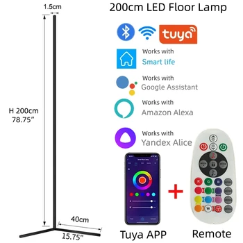200cm Tuya WiFi Ambiance Hoek staande Lamp voor de Woonkamer Staan Begane Verlichting Music Sync-Afstandsbediening Smart Life APP spraakbesturing