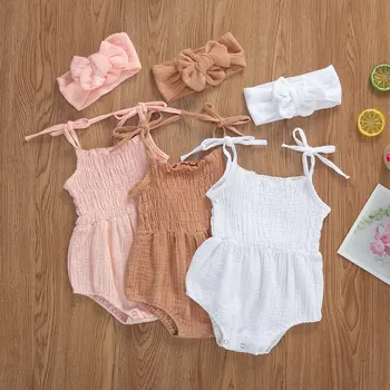 2021 Zomer Solide Pasgeboren Baby Meisjes Katoen Linnen Mouwloze Body Strap Jumpsuits+Hoofdband 2Pcs Outfits Beachwear