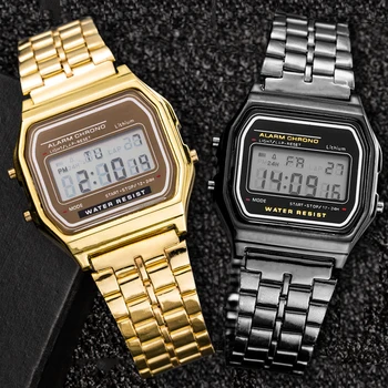 2Pcs Fashion Digitale heren Horloges Goud Luxe Roestvrij Staal Koppeling Armband Horloge Band Zakelijke Elektronische Man van de Klok