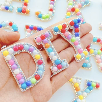 3D-Gemengde Kleuren Kralen A-Z Pearl Strass engelse Brief Patches Parels, Strass Ijzer Op DIY Naam Glitter Pearl Alfabet