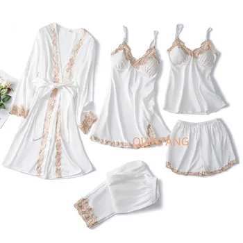 5pcs V-Hals Nachtkleding Pyjama Sets Bruid Bruiloft Nachtkleding Sexy Women Lace Nachtkleding Slaap Pak Voorjaar Casual Satijn Pijamas