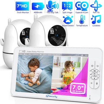 7.0 Inch Video Baby Monitor met 2 Camera ' s HD-Split Screen Pan Tilt 4X Zoom 2-Weg Audio nachtzicht geen WiFi 4000mAh-Batterij