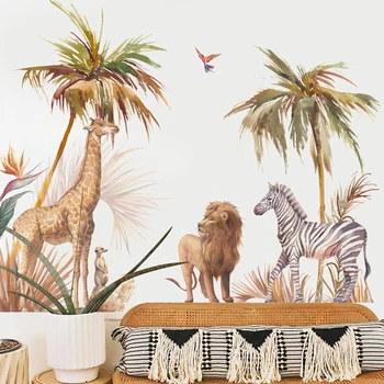 Afrikaanse Leeuw, Giraffe Wilde Zebra Dieren Tropische Boom Muursticker Kinderkamer Verwijderbare Vinyl Muurstickers Kinderkamer Home Decor