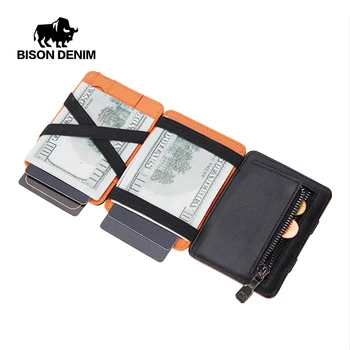 BISON DENIM Leer Magic Wallet voor Mannen Driebladige Slim Rifd Blokkeren Credit Card Houder met Coin Pocket Mini Portemonnee W9725