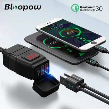 Bloopow Dual USB Motorfiets Lader 12V QC3.0 snellader Waterdichte USB-Aansluiting Met een Voltmeter Motor Accessoires