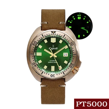 Cronos L6006 Brons Duik Horloge 200M waterbestendig PT5000 Automatische Mechanische Sapphire Groen Licht Lichtgevende Wijzerplaat Lederen Band