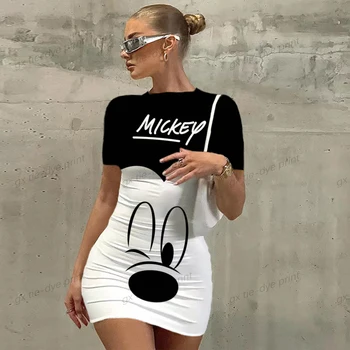 Fashion Disney Mickey Mouse Mini-Jurk Voor Dames Zomer Nieuwe Casual Korte Mouwen Met Hoge Taille Zoete Jurken Partij Femme Vestido