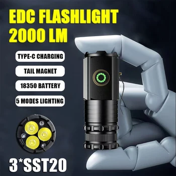 High Power 3 LED Mini LED Zaklamp 2000LM SST20 Draagbare EDC Toorts TYPE-C Oplaadbare IP68 Camping Lantaarn met een Staart Magneet