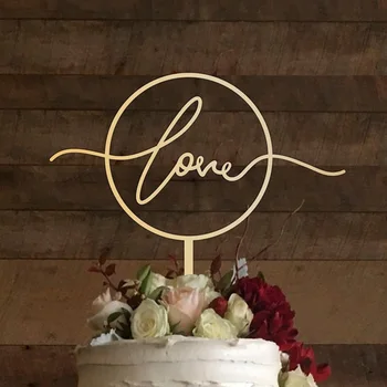 Houten Love wedding cake topper, Bruiloft Cirkel, Feest decoratie, Moderne Topper, LIEFDE spiegel rose goud Cake topper