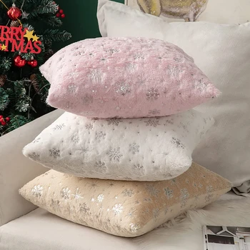 Kerst kussenhoes 43x43cm Pluche Vacht Sneeuwvlok Print kussenhoezen Decoratieve Kussensloop voor Sofa Woonkamer Home Decor