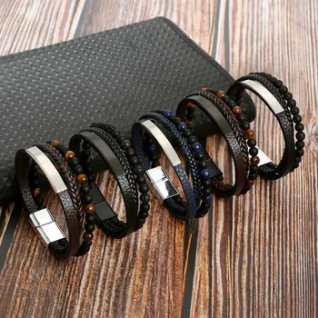 Klassieke Roestvrij Staal Mannen Lederen Armband Mode Handgemaakte Multilayer Stenen Kraal Combinatie Armband Voor Mannen Sieraden Cadeau