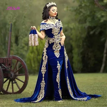 LISM Marokkaanse Kaftan Avond Jurken Gold Lace Appliques Cap Sleeve Royal Blue Mermaid Velvet arabisch Prom Toga ' s Long Party Jurk