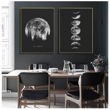 Minimalistische Volle Maan van Poster Art Zwart-Witte Maan Fasen Prints zonnestelsel Canvas Foto Schilderij Decoratie voor de Woonkamer