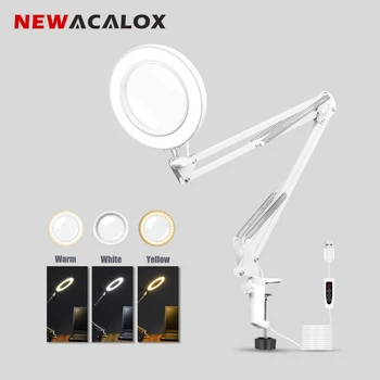 NEWACALOX tafelklem USB-5X Vouwen Vergrootglas Solderen Derde Handje Bureau Lamp 3 Kleuren LED Verlicht Vergrootglas