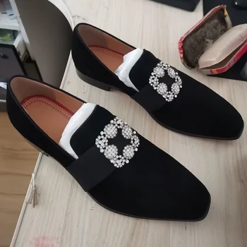 Nieuwe Fashion Zwart Suede Schoenen Voor Mannen italiaanse Gesp Strass Loafers Jurk Handgemaakte Schoenen men ' s Party En Bruiloft Schoenen