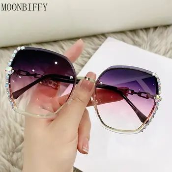 Randloze Diamant Zonnebril voor Vrouwen Metaal Trimmen Oversized Strass steentjes Verloop zonnebril Dames Merk Designer Eyewear
