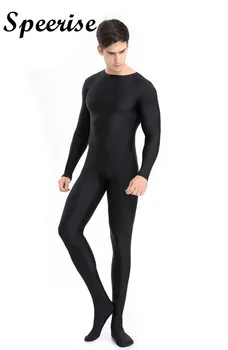 Speerise Mens Full Body Spandex Zentai Suit Zwart Lange Mouwen Unitard Volwassen Rits Een Back-Footed Cosplay Body Kostuums